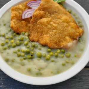 Zöldborsófőzelék, rántott szelet